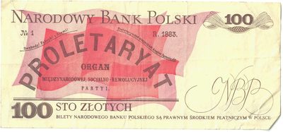 Obverse of 100 Złotych with PROLETARYAT overprint