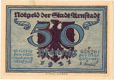 Reverse of 50 Pfennig, Notgeld of Arnstadt, 1921