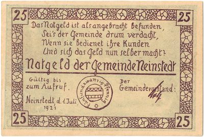 Obverse of 25 Pfennig, Notgeld of Neinstedt, 1921