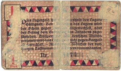 Reverse of 1 Mark, Prisoner-of-War Camp Money, 1917