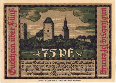 Obverse of 75 Pfennig, Notgeld of Querfurt, 1921