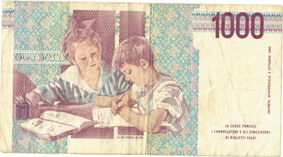 Reverse of 1000 Lire, Banca d'Italia, Montessori type