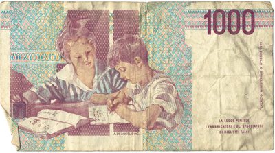 Reverse of 1000 Lire, Banca d'Italia, Montessori type